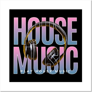 HOUSE MUSIC  - Headphones On Text (blue/pink) Posters and Art